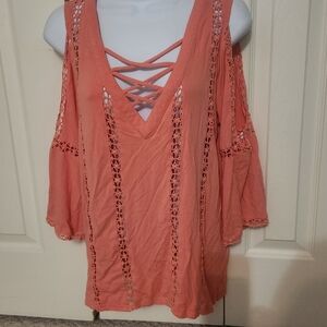 BKE Coral Cold Shoulder Top with Lace Details